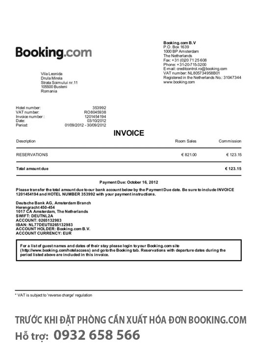 booking.com có xuất hóa đơn không